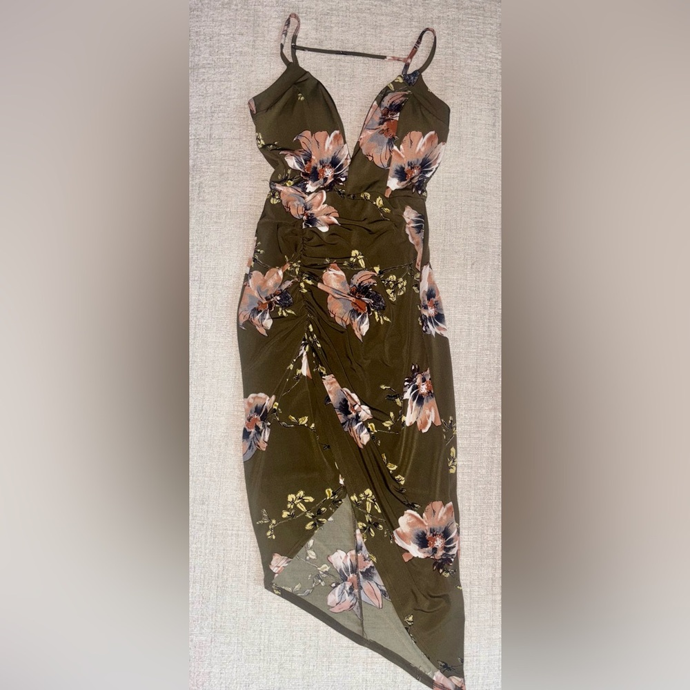 Olive Pink Floral Fitted Deep V Faux Wrap Dress Spaghetti Strap Size Small S